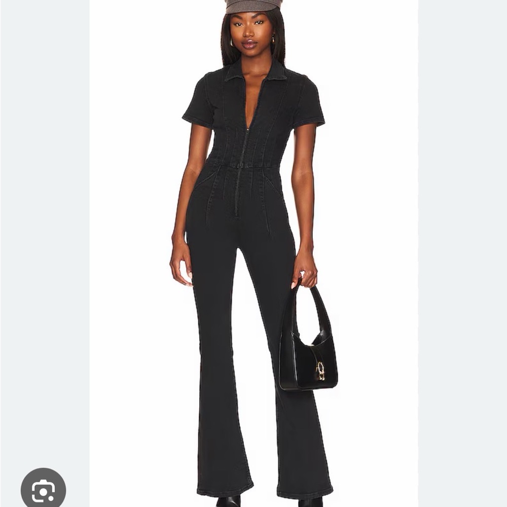 Free People Black Short-Sleeve Zip-Front Jumpsuit